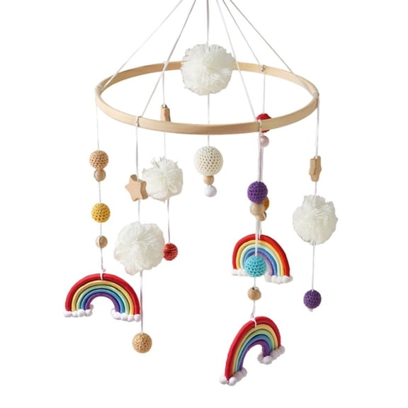 Sinyiin Nordic Rainbow Star Crib Mobile Soft Cotton Wooden Baby Bed Bell Toy Safe Sensory Visual Stimulation Hanging Pendant Toy