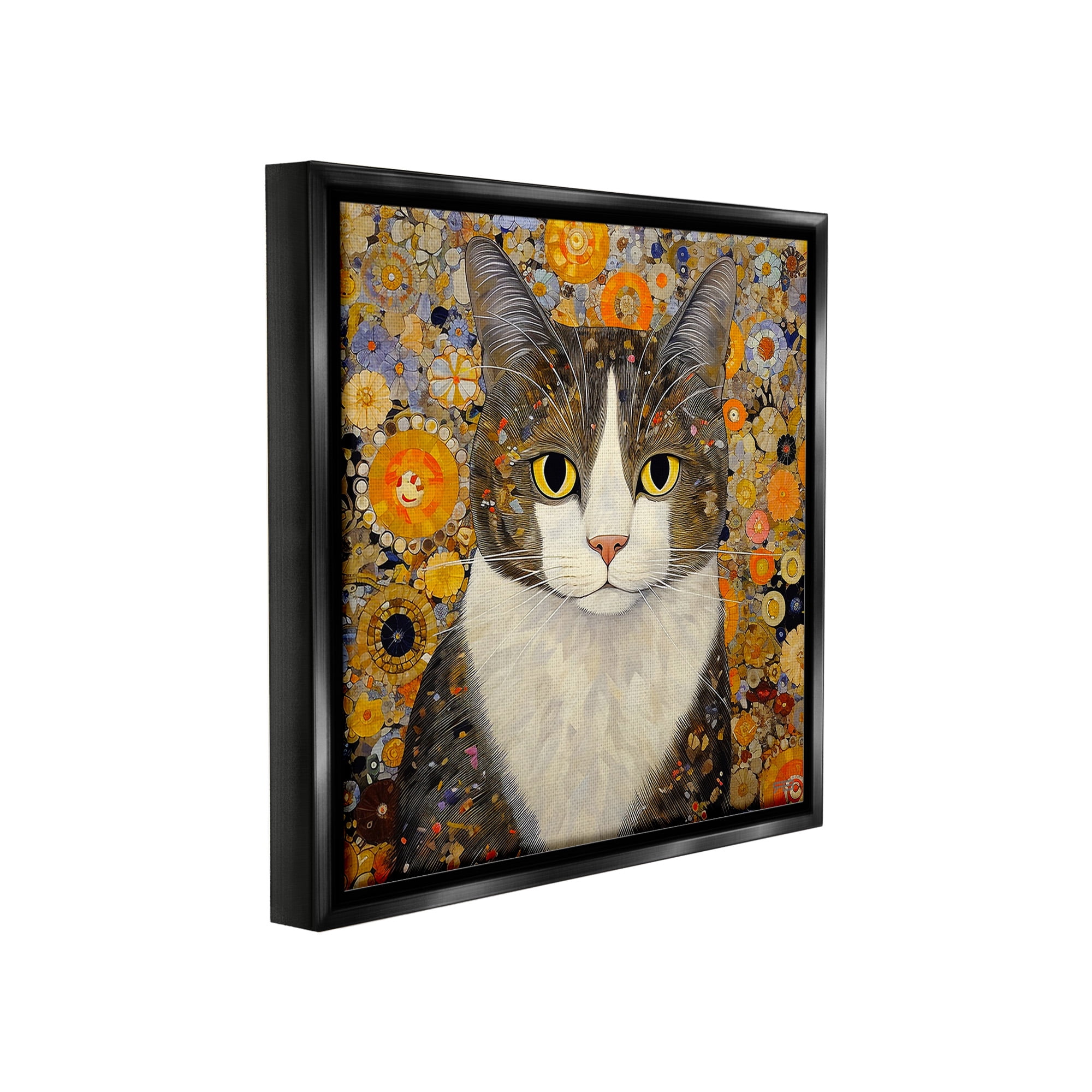 Stupell Industries Mosaic Pattered Cat Animals & Insects Painting Black Floater Framed Canvas Art Print Wall Art, 25 x 25