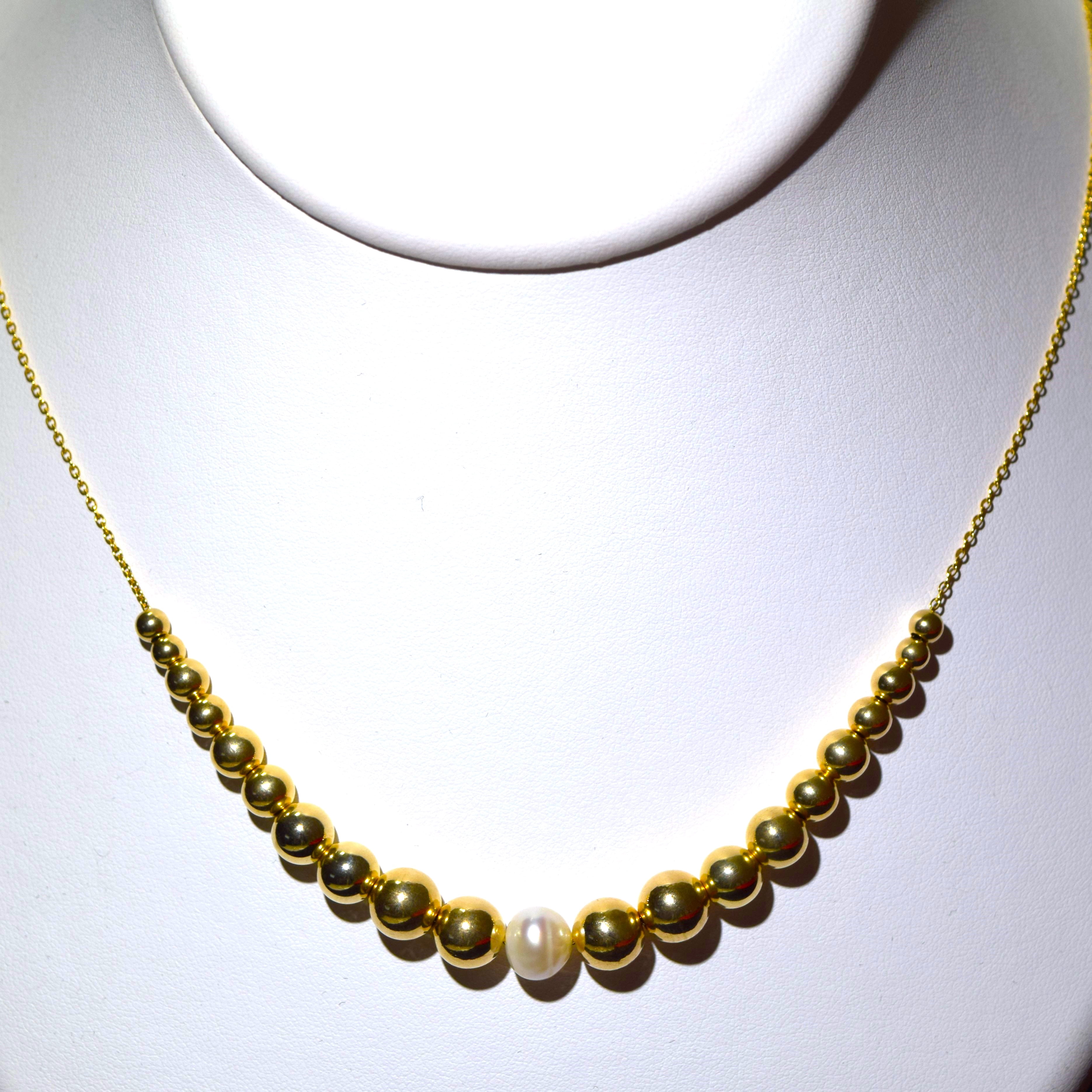 14K Yellow Gold 22.0 inch Add A Bead Necklace Chain w/ Semi-Precious 8mm White Pearl Bead and 20 Decending 14k Yellow Gold Beads