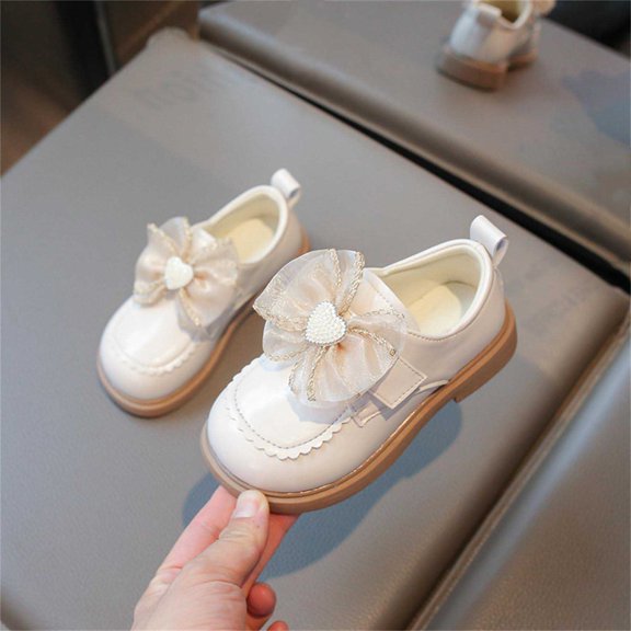 Girls' Heart Rhinestone Bow Flat Shoes, Soft Sole Casual Mary Janes, Ideal for Daily School Outfits, Weekend Strolls and Small Gathering Occasions Beige 2.5-3 Years