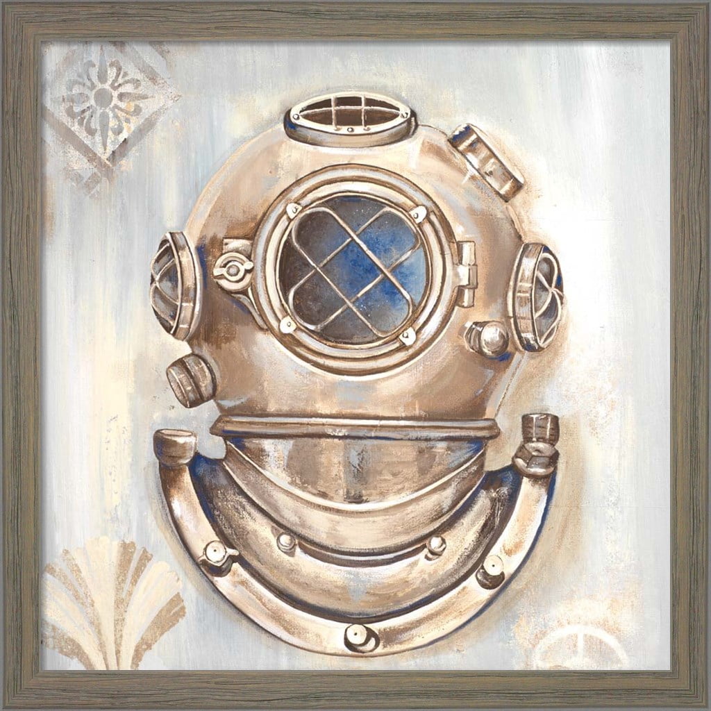 Dive Helmet Distressed Grey Knotty Wood Framed Wall Art, 13" x 13"