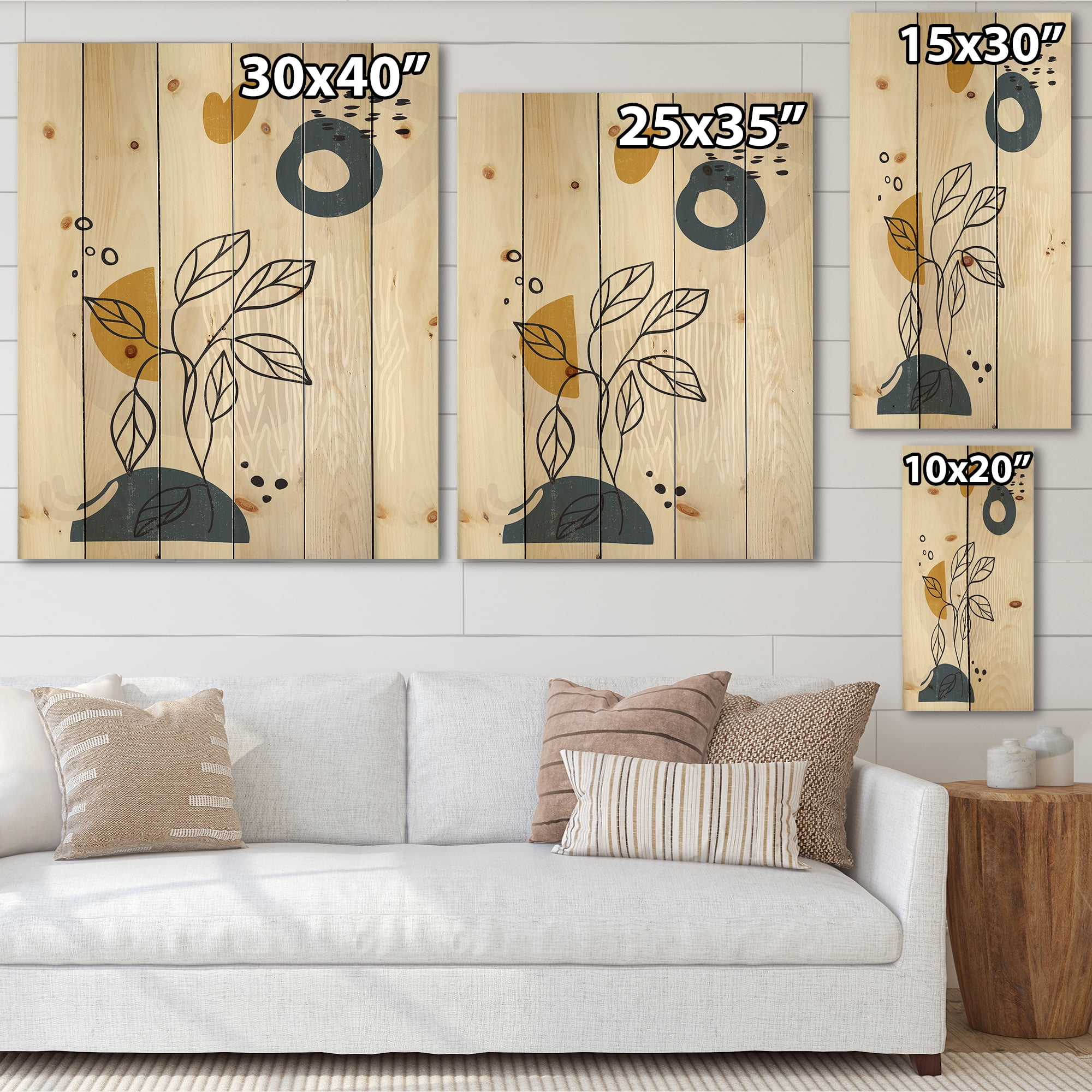 Designart 'Ancient Boho Art Minimalistic Flowers II' Modern Print on Natural Pine Wood