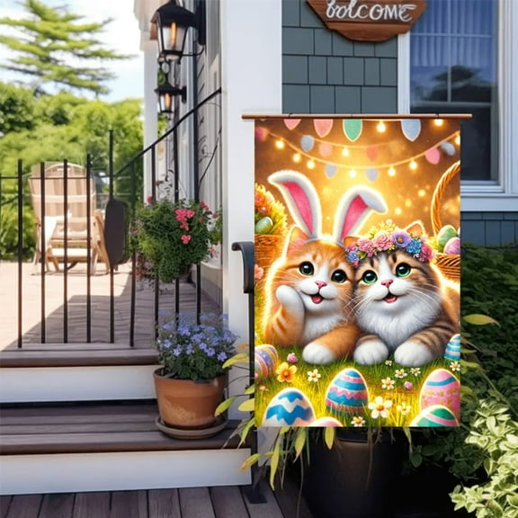 2D flat 1 Courtyard Flag - Outdoor Decoration - Cute cat pattern design - Easter Courtyard Flag Placement. It is very suitable for your interior or room decoration, garden decoration, festival decora