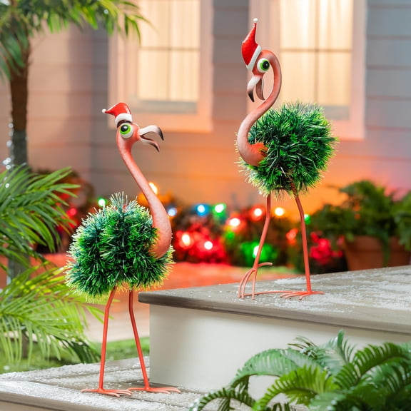 Christmas Vacation Garden Statue, Metal Garden Statue, Festive Flamingo, 25"H, Asst of 2