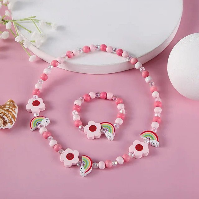 Conjuntos de collar y pulsera con cuentas de madera Natural para niños, lindos diseños de dibujos animados, juguetes de joyería, regalo de cumpleaños para niñas
