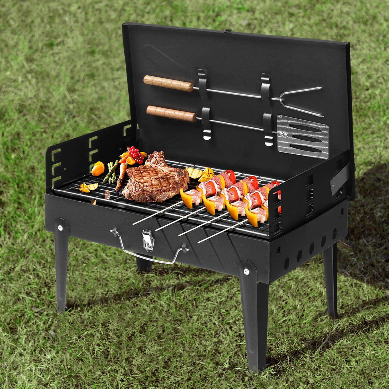 OUFAN 10.63" Outdoor Square fork and Shovel Charcoal Grill, Portable