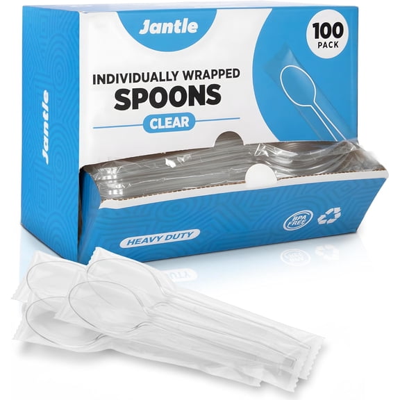 Individually Wrapped Heavy Duty Plastic Spoons with Dispenser Box, Black Disposable Spoons 100 Pack - Disposable Utensils for Home, Office, Restaurant, Catering, To-Go Meals - 100 Count (Clear)