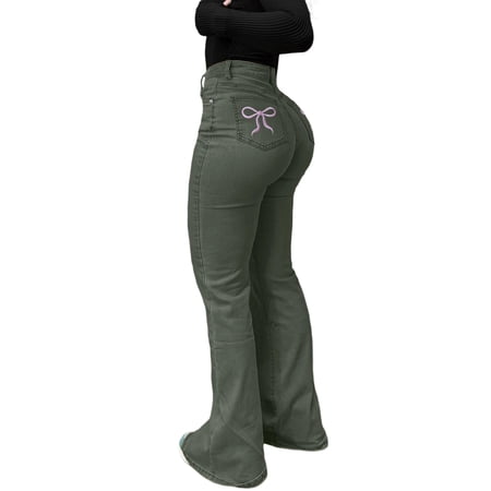 Bell Bottom Jeans for Women High Waisted Stretch Skinny Flared Denim Long Pants Retro Jean Trousers (2XL Army Green A)