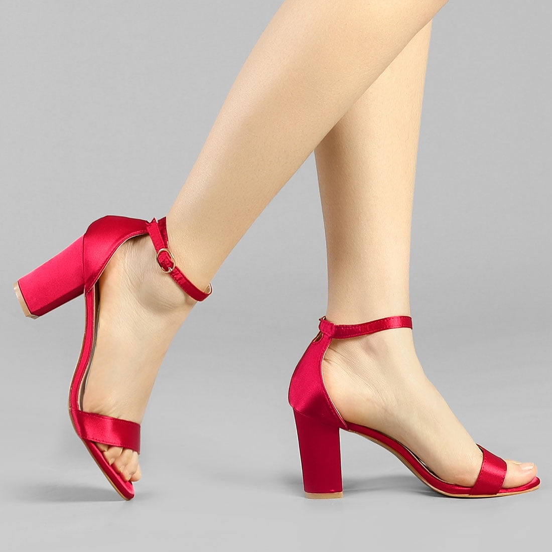 DARING DIVA Women's Satin Ankle Strap Chunky Heels Red 9.5