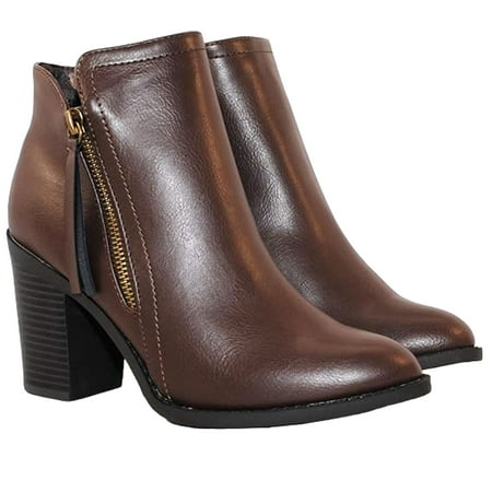 

TRENDSUP Buffy-20 Women s Block Heel PU Leather Side Zipper Ankle Bootie BROWN 10