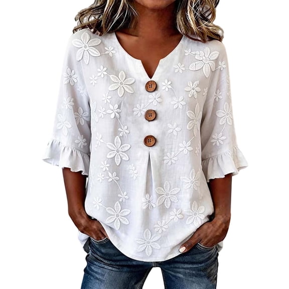 GILIGEGE Womens Tops Dressy Casual 3/4 Ruffle Sleeve Henley Shirts for Women Decorative Button Front Loose Fit Casual Work Tops Summer Vacation Outfits Fashion Exquisite Print T Shirt White