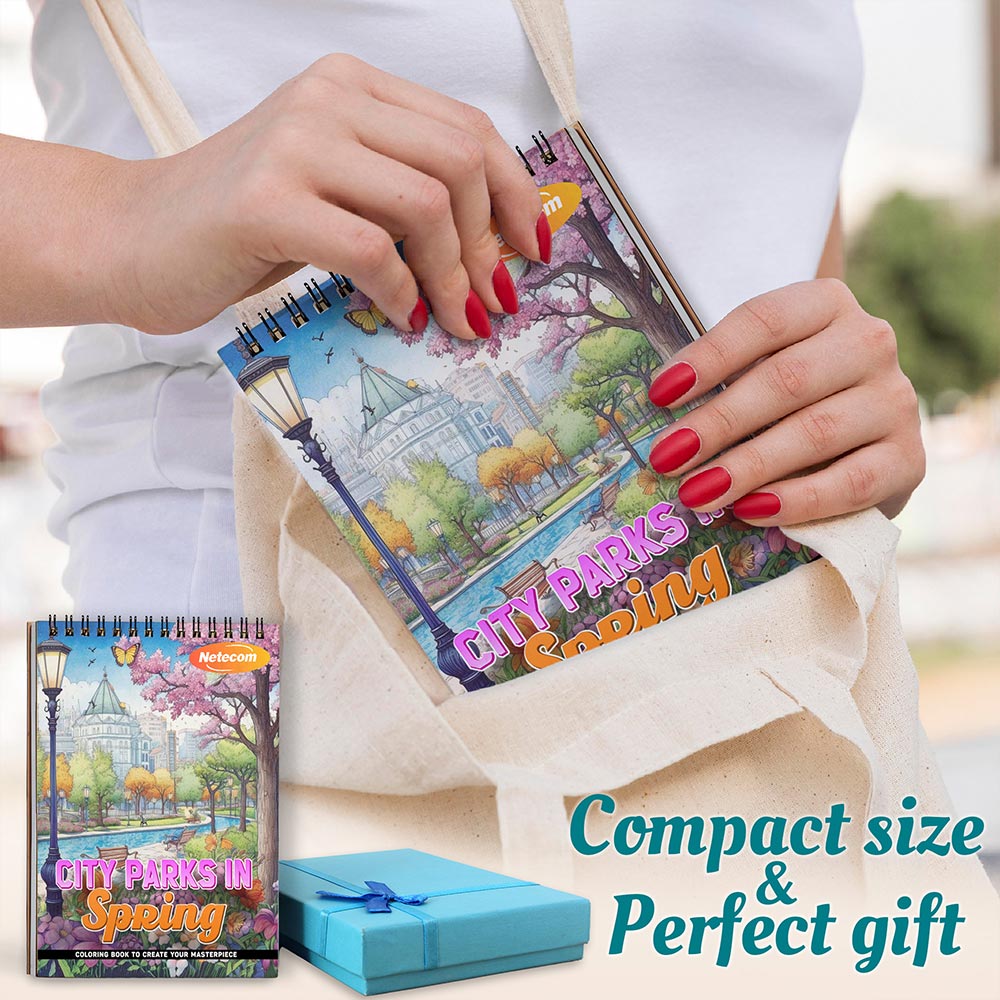 City Parks in Spring Coloring Book Spiral Bound For Adults, A5 Wooden Cover, 30 Beautiful Coloring Pages of Blossoming Flowers for Relaxation and Stress Relief