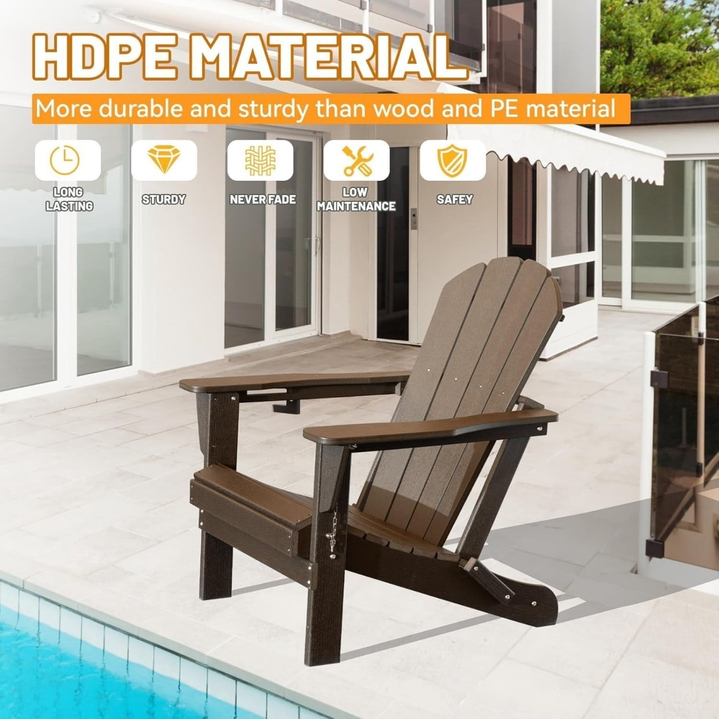 Folding Adirondack Chair, HDPE Outdoor Chair with Cup Holder, Weather Resistant Patio Chair with Wood Grain Finish for Lawn, Deck, Fire Pit, Brown