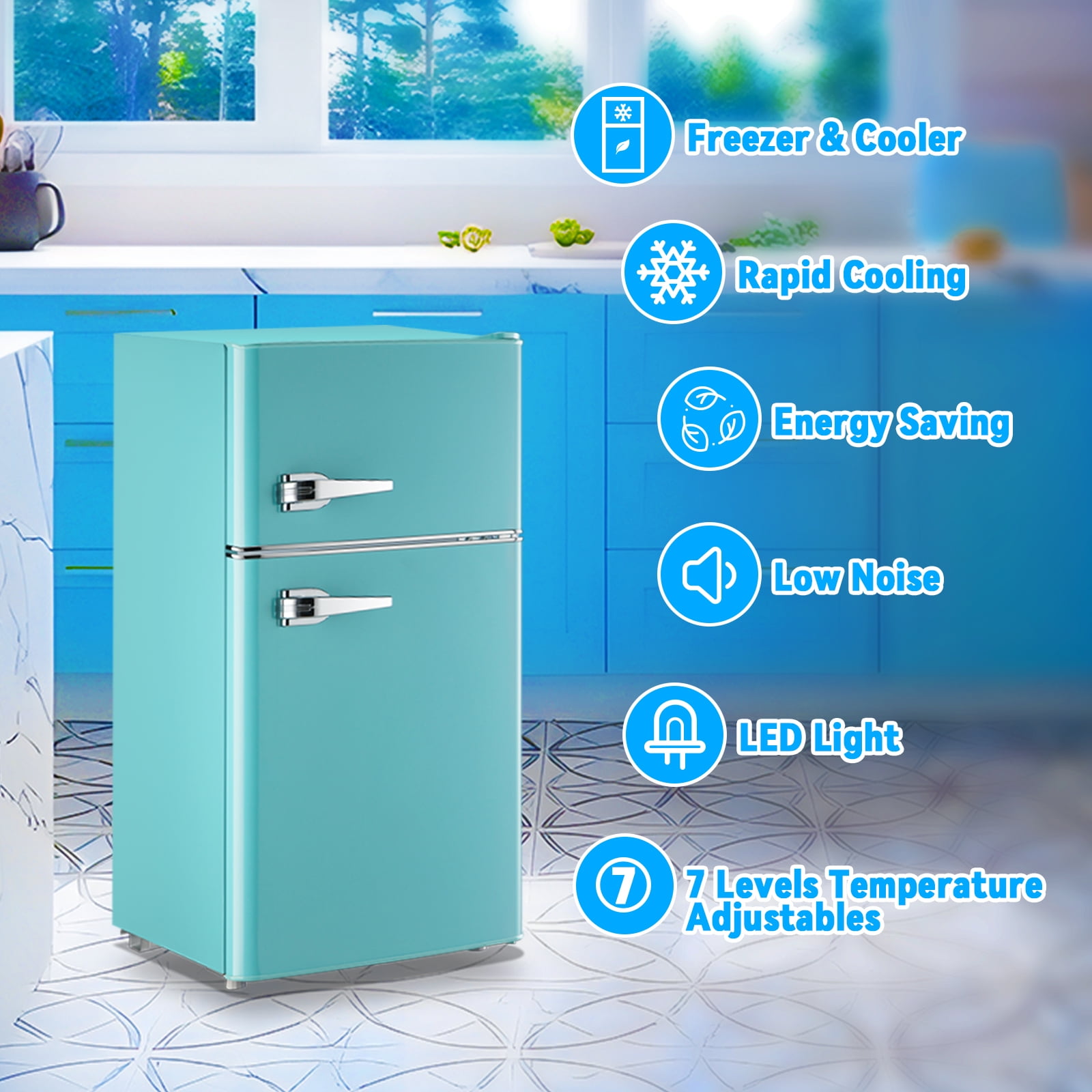TACOOL Small Refrigerator with Freezer Retro Mini Fridge with Removable Shelves LED Light for Apartment 3.4Cu.Ft Blue