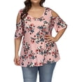 thumbnail image 2 of Camisa de mujer Blusa estampada con hombros descubiertos y manga corta con cuello en V, Rosa, XL seitruly AP002468-01, 2 of 5