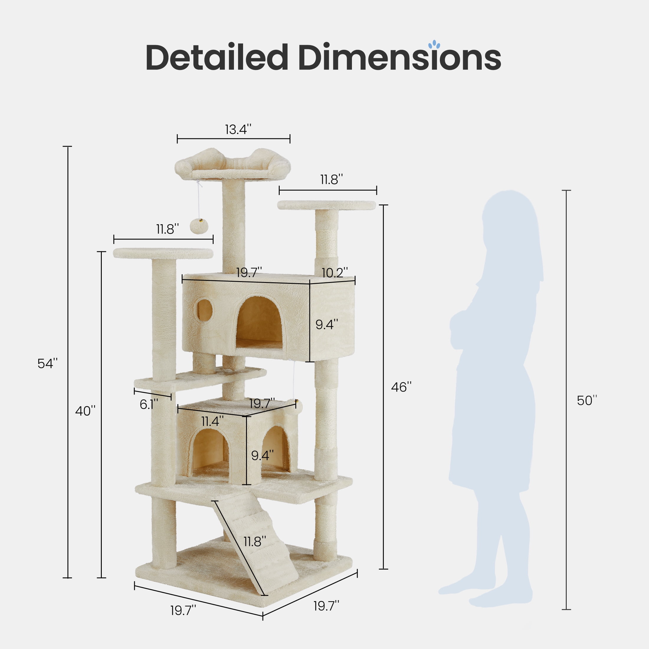 MCQ 54" Compact 4-Tier Cat Tower with Sisal Posts & Wide Top Platform – Space-Saving Tree for Indoor Cats, Cat Condo, Cat Condo, Beige