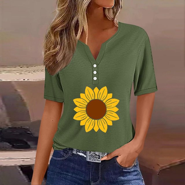 Fiudx Ofertas Flash Artículos En Oferta Blusa de Manga Corta con Estampado de Moda para Mujer, Camiseta con Cuello En V, Tops Informales con Botones
