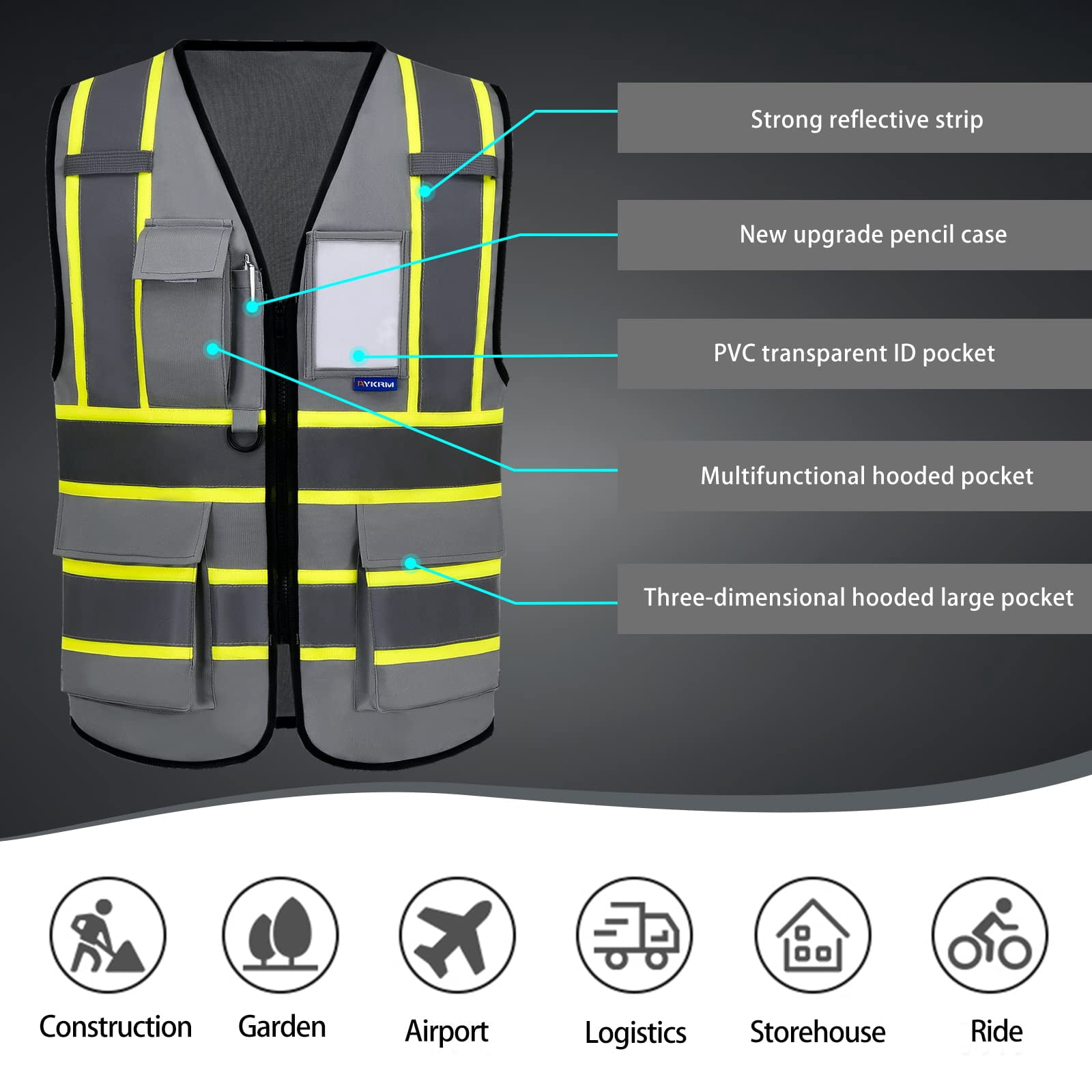 AYKRM Security Vest for Men Women 7 Pockets High Visibility Reflective Safety Vest Front Zipper Meets ANSI/ISEA