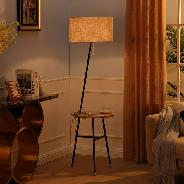 Wellmet Modern Tripod Floor Lamp with Wooden Shelves, Wood ...