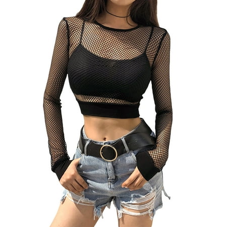 

Votuleazi Long Sleeve Crew Neck Fishnet Sheer T-shirt Women s Mesh Crop Top