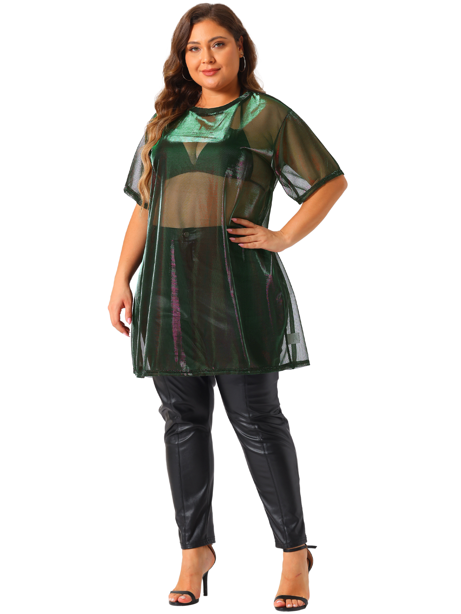 DARING DIVA Women's Plus Size See Through Holographic Long Blouse 3X Purple Green