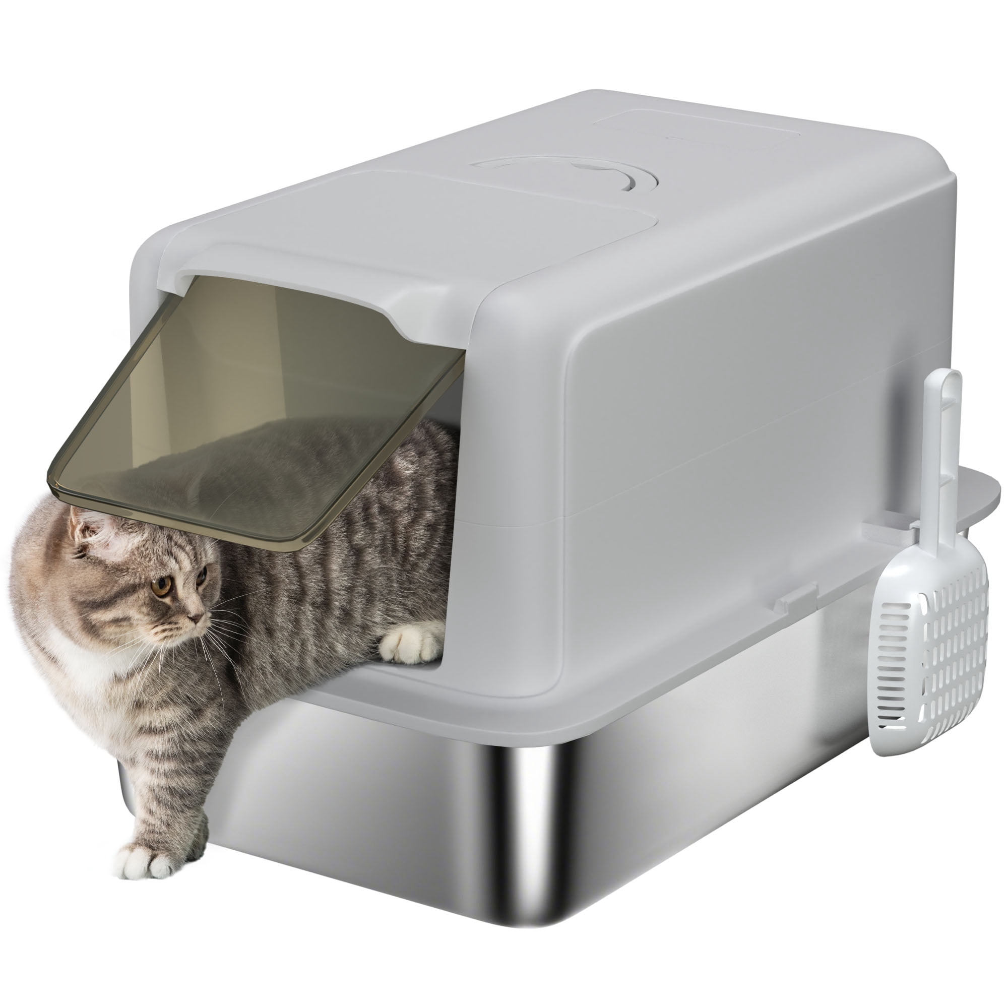 PawHut Stainless Steel Cat Litter Box, Extra Large 2 in 1 Kitty Litter Box with Removable Lid, Scoop, Filter Bags, for Small to Large Cats, Gray