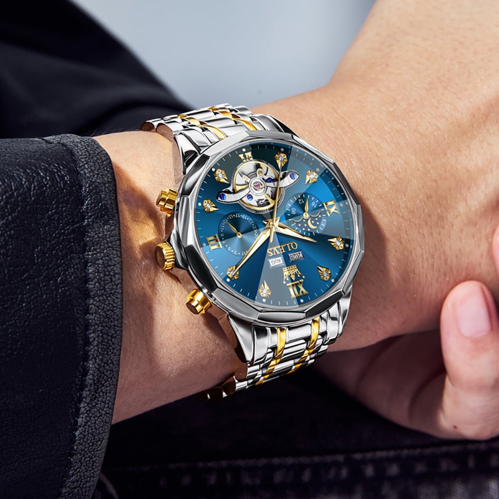 OLEVS Automatic Watches for Men Luxury Dress Waterproof Self Winding Mechanical Moon Phase Chronograph Stainless Steel Luminous Diamond Date Skeleton Tourbillon Wristwatch for Men Reloj Para Hombre