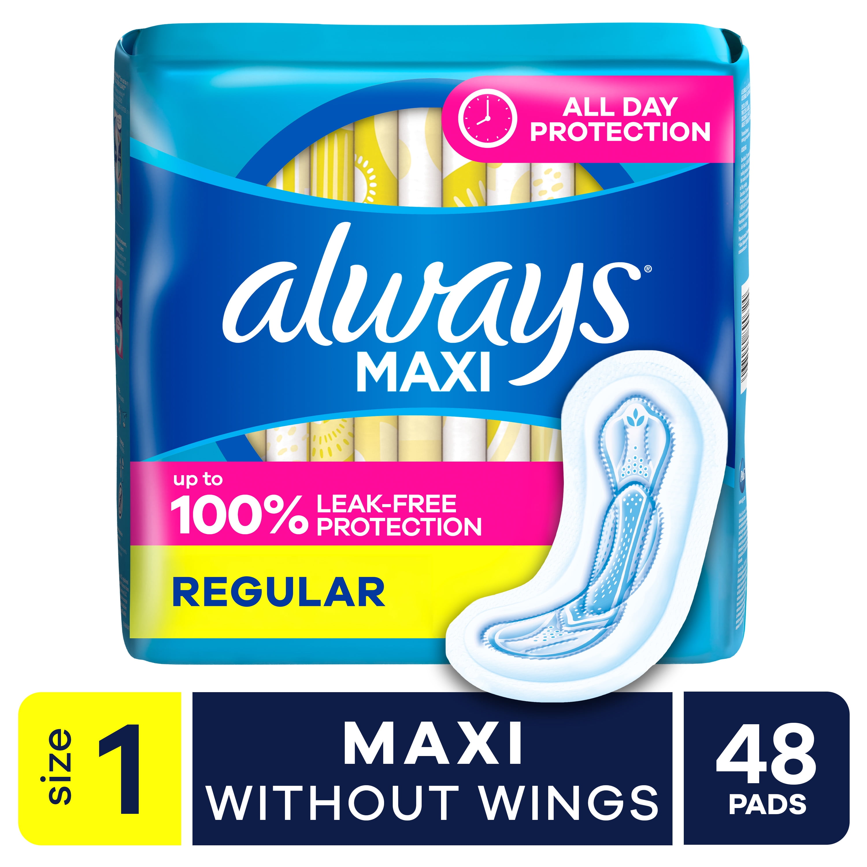 (6 pack) Always Maxi Pads without Wings, Size 1, Regular Absorbency, 48 Count