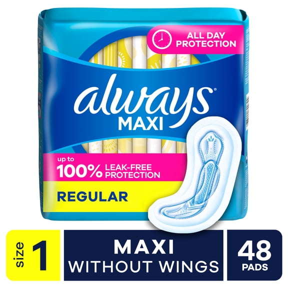 Always Maxi Pads without Wings, Size 1, Regular Absorbency, 48 Count