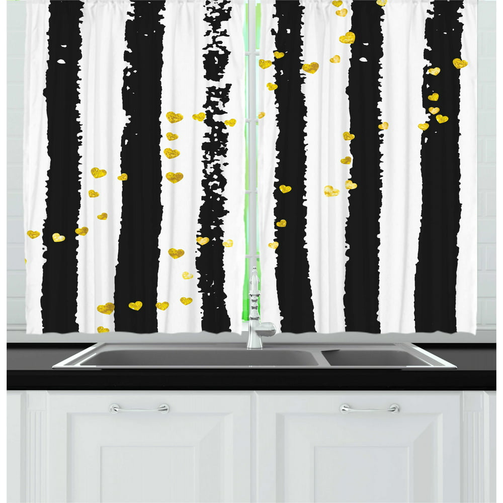 Abstract Curtains 2 Panels Set, Vertical Stripes with Golden Yellow