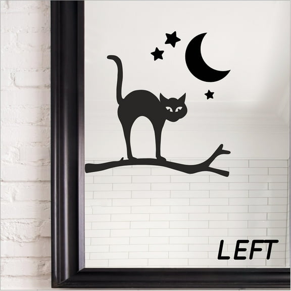 Halloween Cat on branch with moon and stars Vinyl Lettering Wall Decal (9.5"H x 9.5"L Left Black)