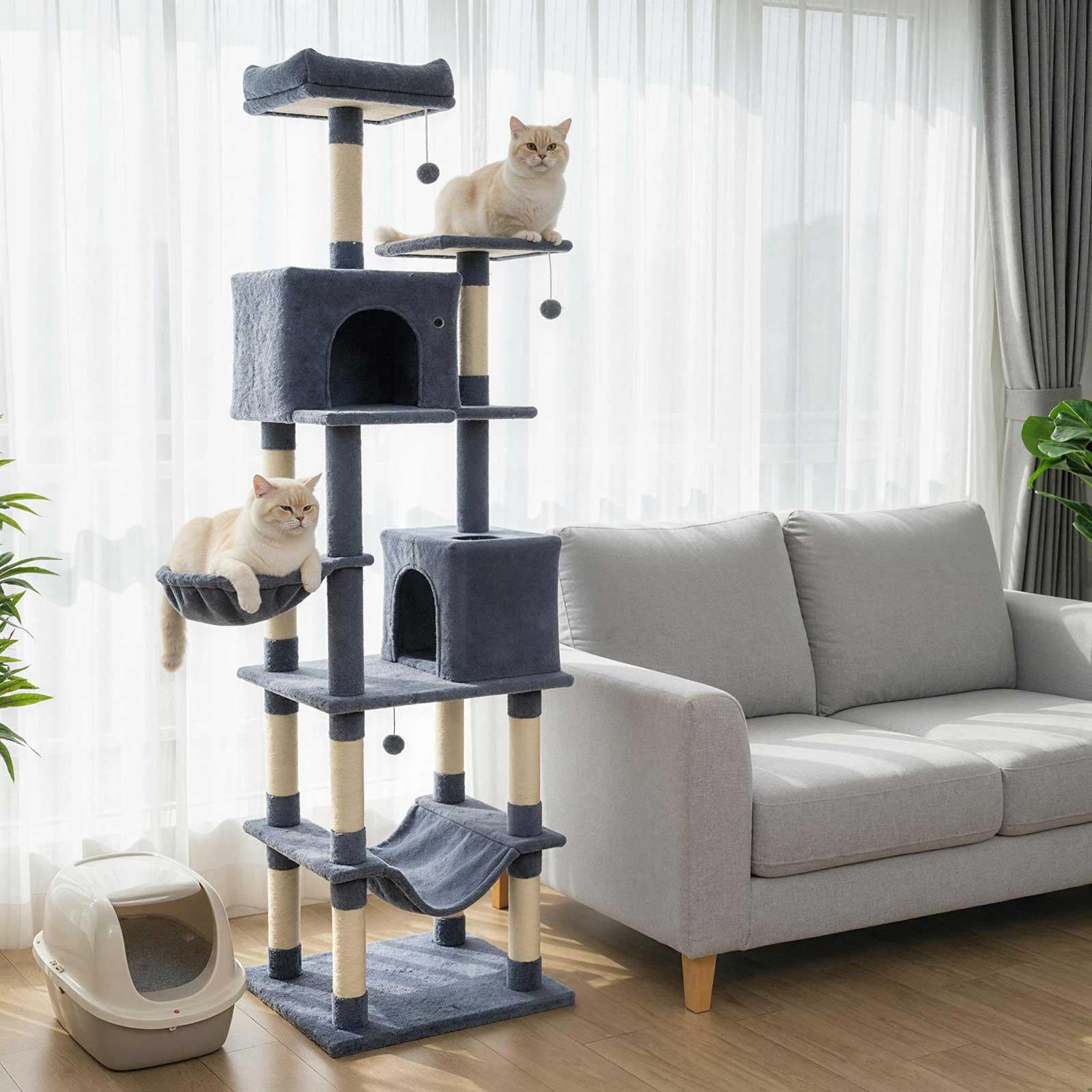 Barara King 80 Inch Tall Cat Tower, Cat Tree with 2 Large Condos and Dangling Toys, Modern Cat Tower Tree for Indoor Cats, Dark Gray