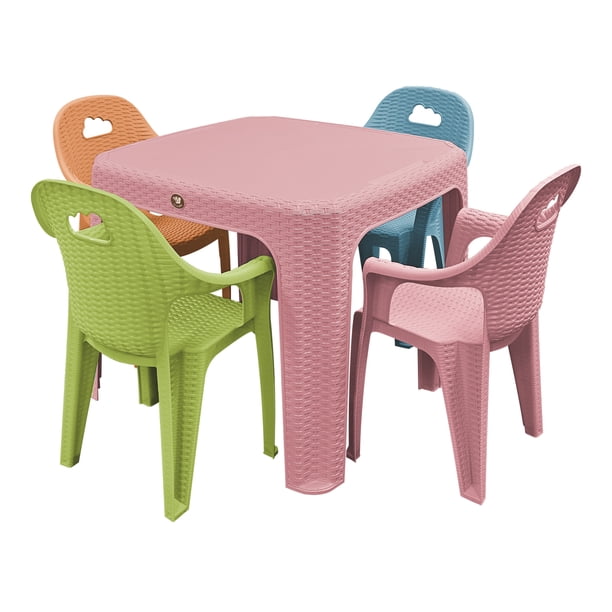 Mesa Infantil y 4 Sillas de Colores para Niños Plástico Resistente Comer Dibujar Rattan Nube Rosa