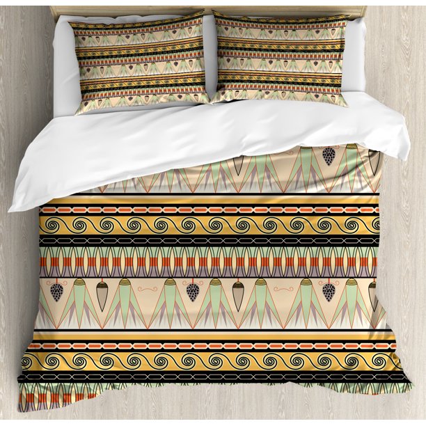 Egyptian Duvet Cover Set, Colorful Abstract Borders Traditional Old Cairo Culture Indigenous