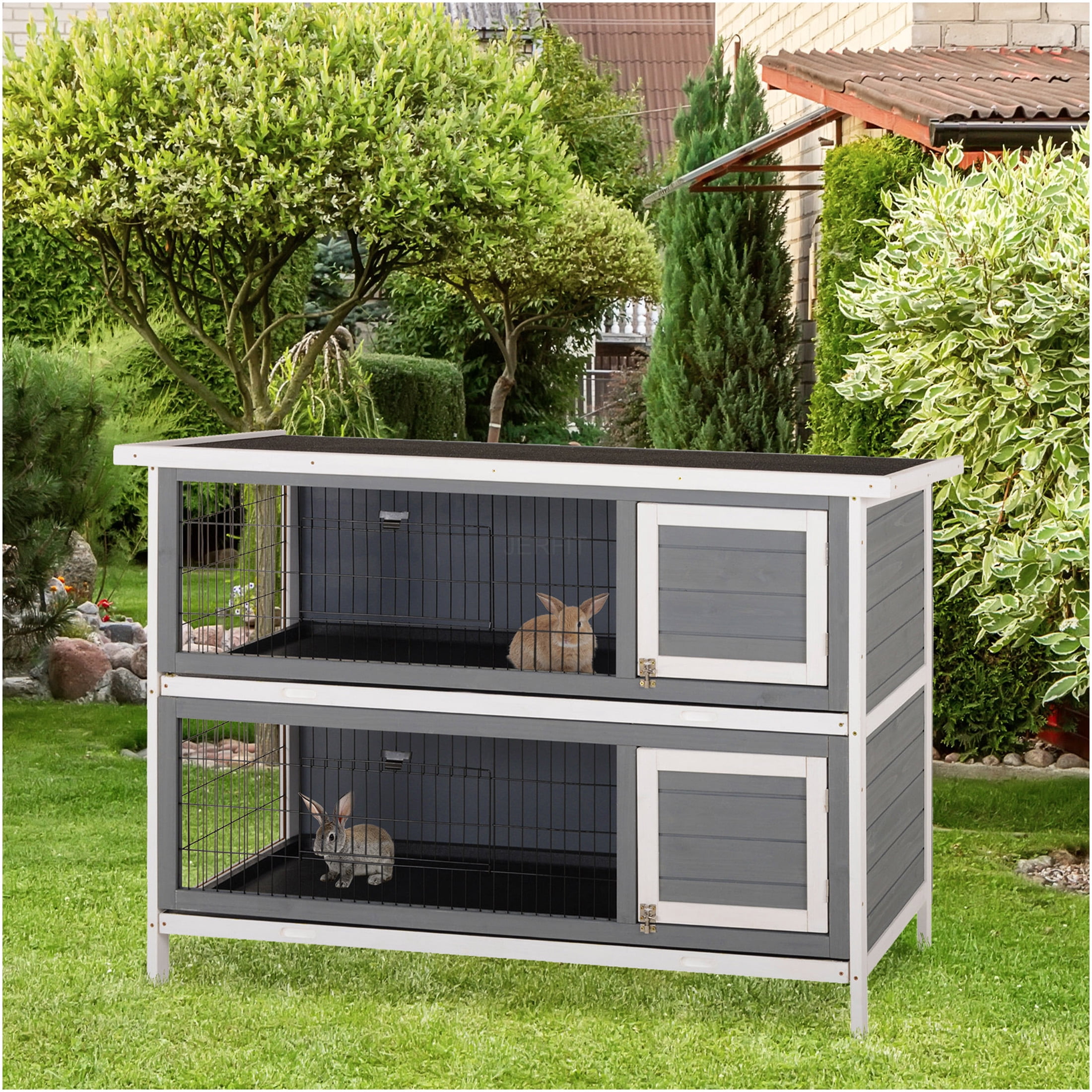 JERFIT 54 Inch Large 2-Story Rabbit Hutch with Waterproof Roof, Leak-Proof Tray & Lockable Doors, Outdoor Indoor Wooden Bunny Cage House for Small Animals, Gray
