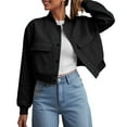 thumbnail image 2 of felwors Bomber Jacket Women 2025 - Short Cropped Jacket Women Button Down Long Sleeve Casual Varsity Jackets with Pockets Black, L, 2 of 5
