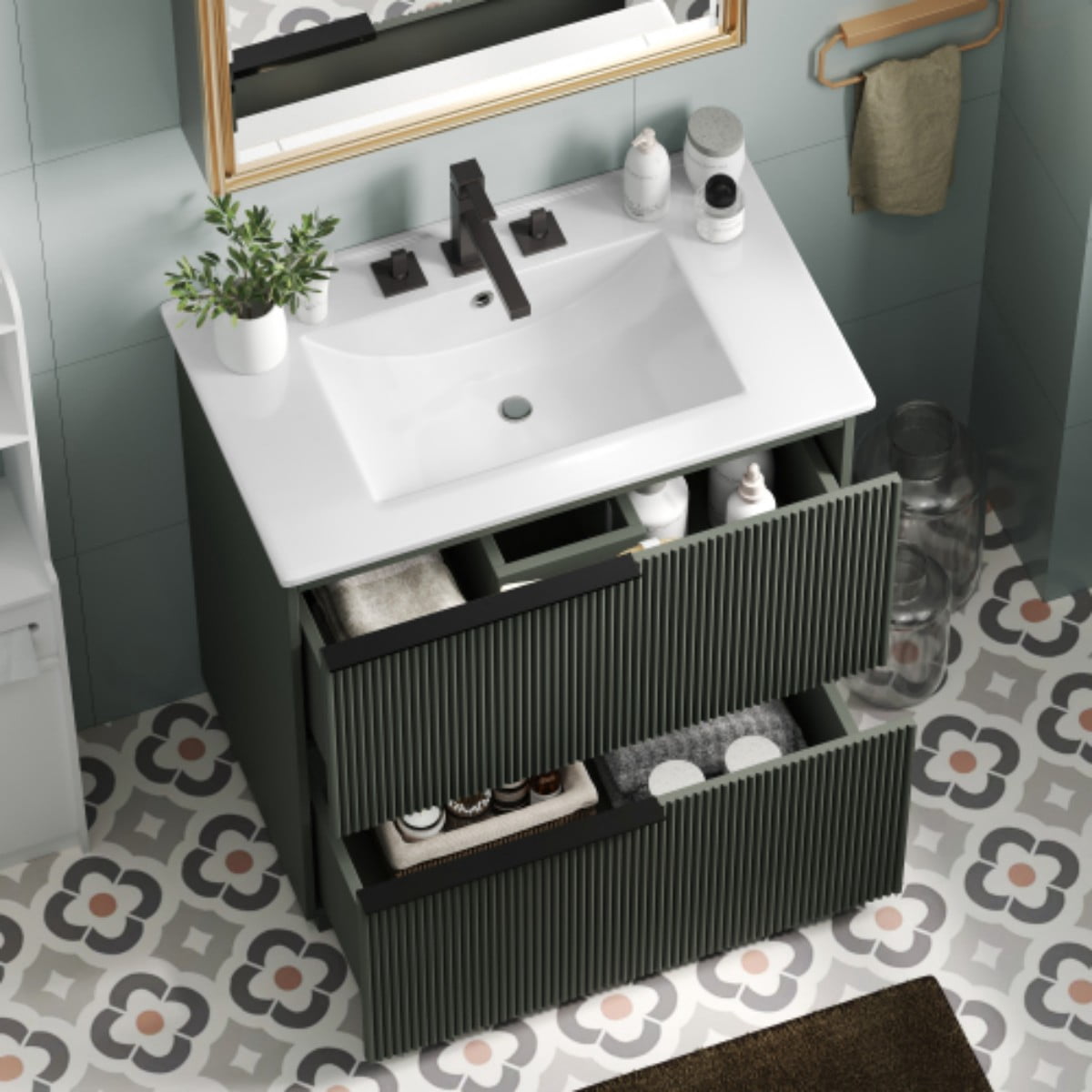 30" Bathroom Vanity with Ceramic Sink, Freestanding Bathroom Cabinet with Full Extension Drawers, Soft Close Slides, Fluted Design, Green