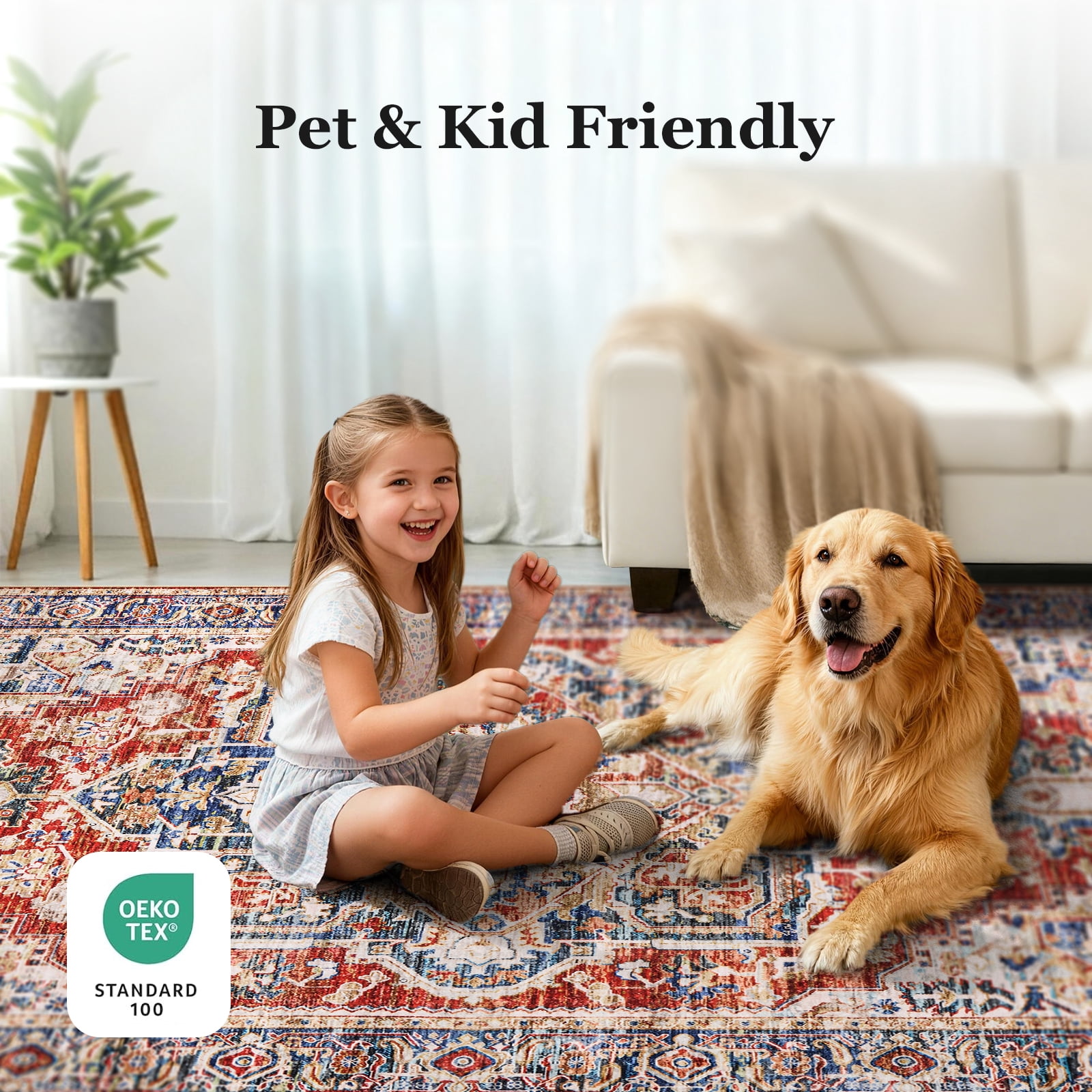 CHITOOMA 9'x12' Boho Area Rugs for Living Room, Machine Washable Area Rug with Non-Slip Backing, Stain Resistant Non-Shed Carpet for Bedroom, Dining Room, Dorm, Office