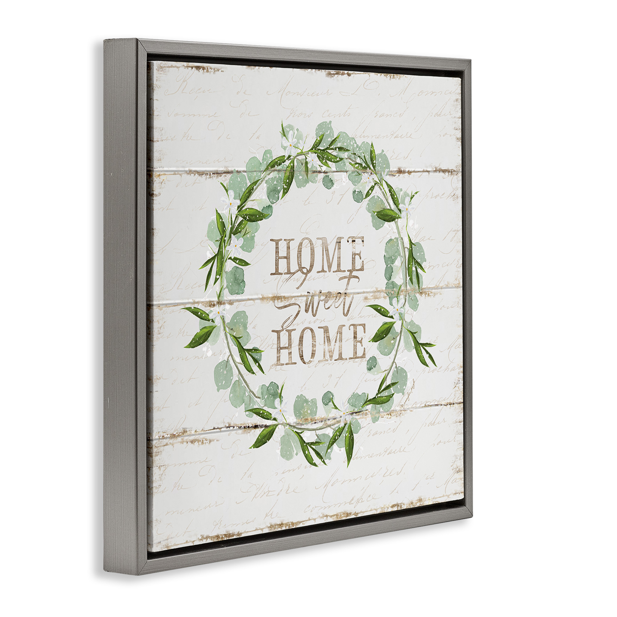 Stupell Industries Sweet Home Eucalyptus Wreath Typography Painting Gray Floater Framed Canvas Art Print Wall Art, 18 x 18