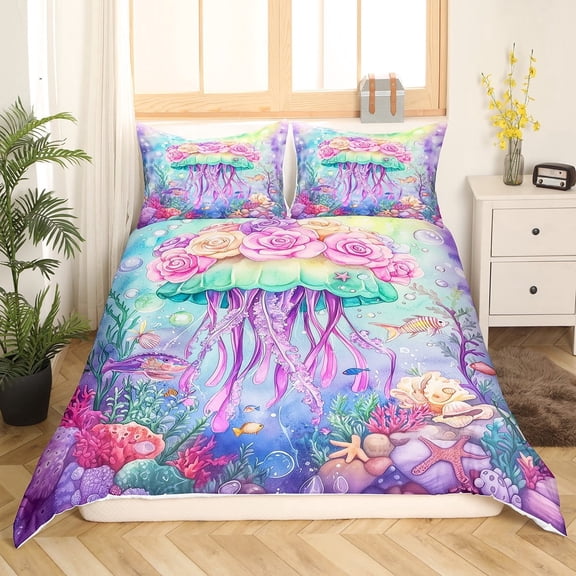 Erosebridal Cartoon Jellyfish Comforter Cover Twin,Green Purple Bedding Twin Size,Ocean Theme Decor,3Pcs