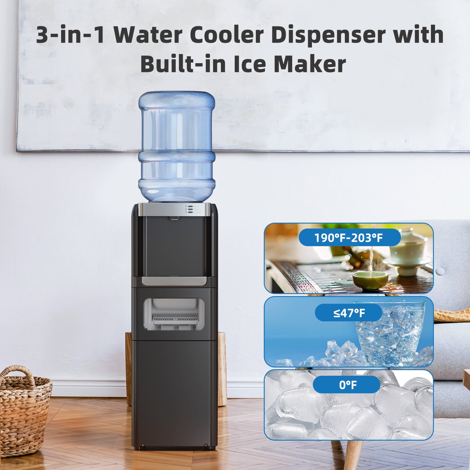 FREE VILLAGE Water Dispenser with Ice Maker,3-in-1 Water Cooler with Ice Maker, Hot & Cold Top-Loading Water Dispenser for 5 Gallon Bottle,33LBS/24H Ice Maker Output,Black