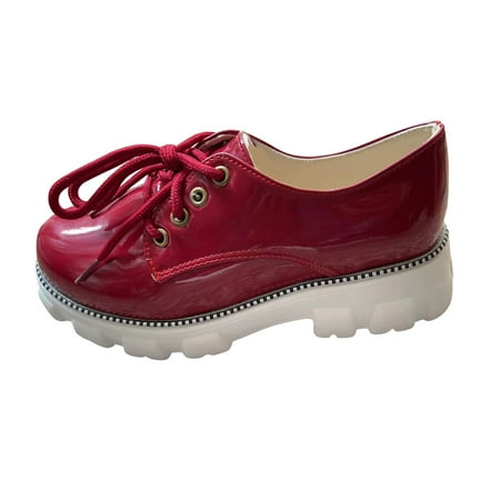 

XINSHIDE Casual Shoes Female Fashion Solid Shoes Rhinestone Patent Leather Lace Up Casual Leather Shoes Fashion Shoes