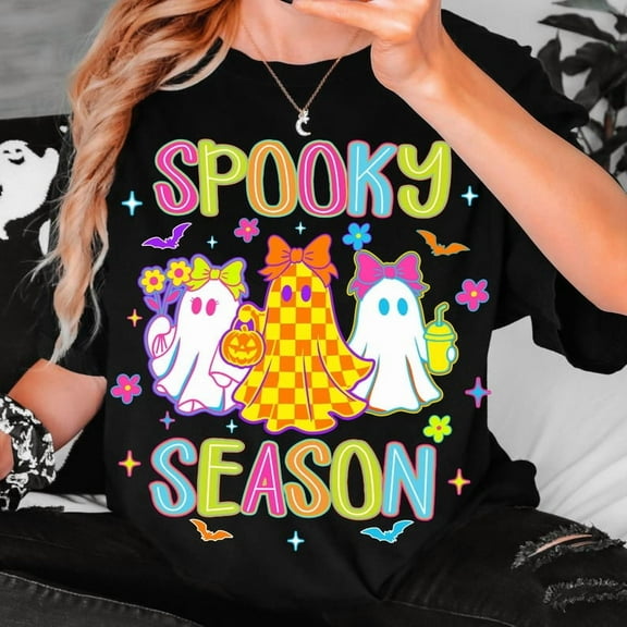 Neon Halloween Ghost T-Shirt, Spooky Season T-Shirt, Preppy Halloween Trendy T-Shirt, Cute Boo Ghost Coquette T-Shirt, Halloween Kids T-Shirt, Halloween Vibes