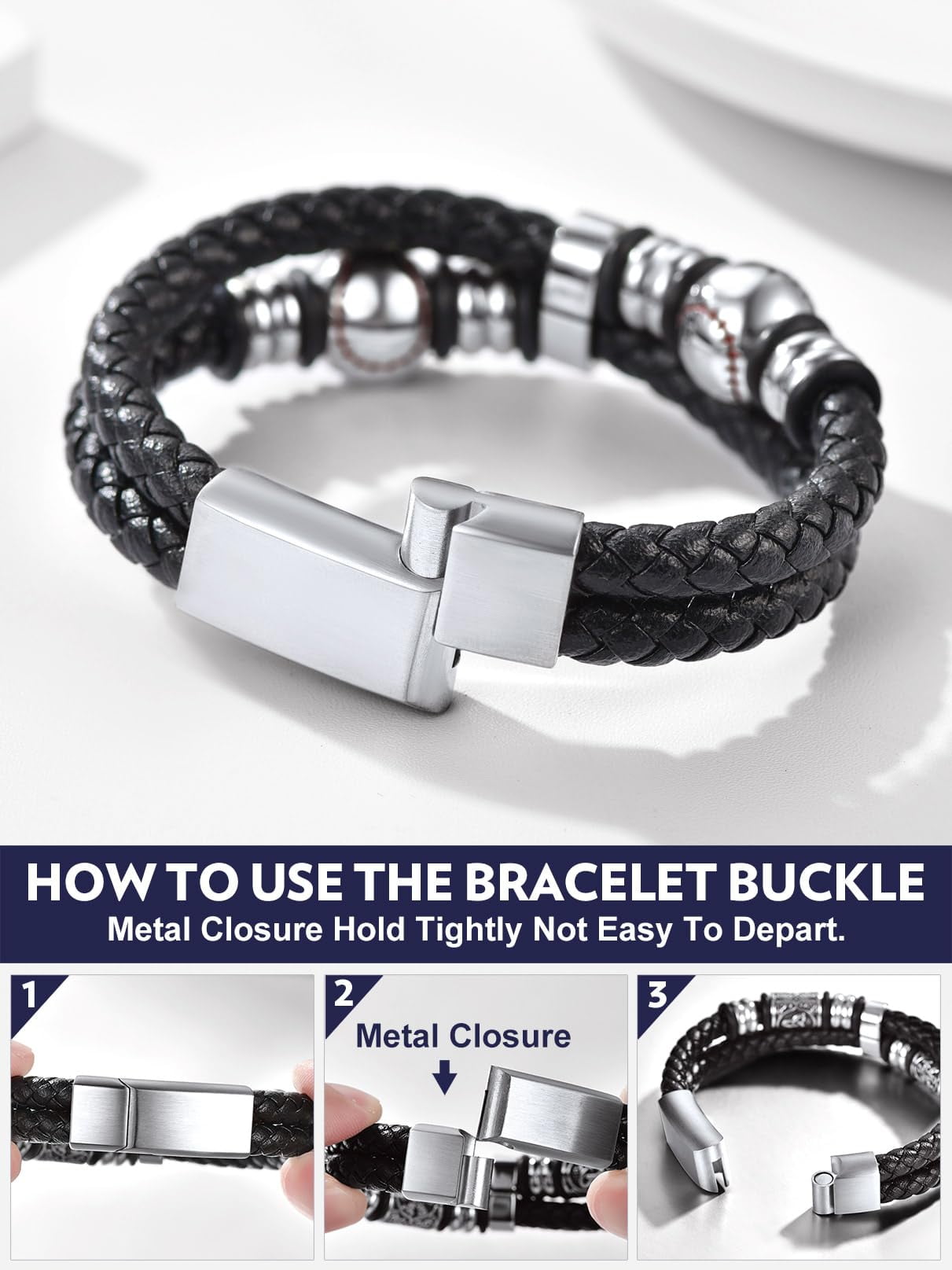 Bandmax Black Leather Bracelets for Men Double-Layer Baseball Braided Rope Bracelet with Stainless Steel Baseball Beads Wristband Wrist Bangle for Birthday Gift