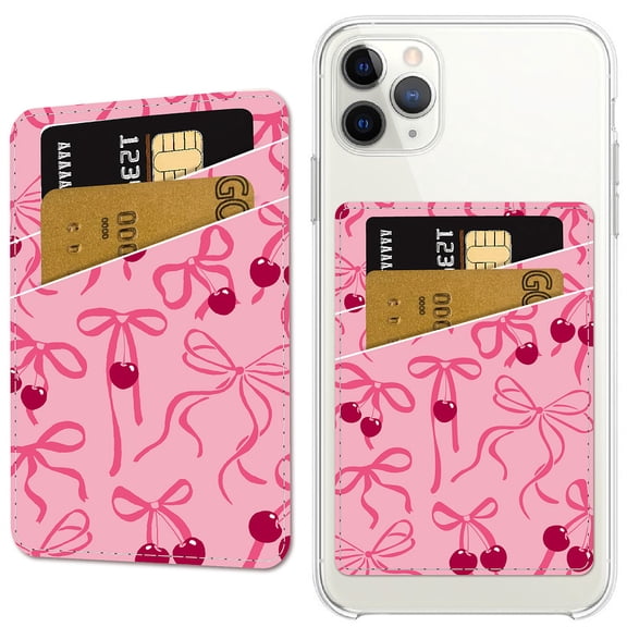 Bowknot Phone Card Holder Leather Cell Phone Wallet Stick on Adhesive Credit Card Holder Slim Double Pocket Sticker for Back of Phone Case