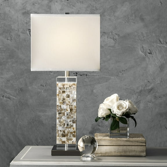 nuLOOM Houston 29" Crystal & Iron Mosaic Table Lamp, 29" H x 13" W x 13" D, Satin Nickel & White