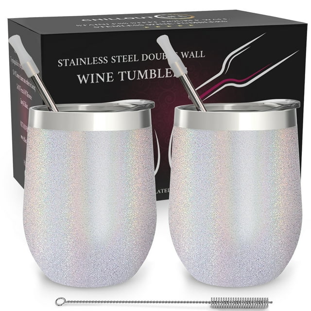 CHILLOUT LIFE - Juego de 2 vasos de vino de acero inoxidable de 12 oz - Copas de vino aisladas al vacío de doble pared con tapas y pajitas para café, vino, cócteles (brillo holográfico) CHILLOUT LIFE CHILLOUT LIFE Vaso 2 x 12 oz