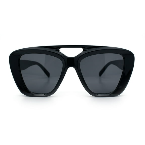 Women Oversized Thick Plastic Rectangle Cat Eye Flat Top Diva Sunglasses All Black