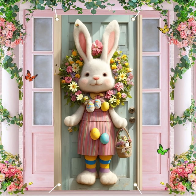 ddioayh Easter Door Cover Outdoor Party Decoration with Bunny Photo Prop for Holiday Celebrations Easy to Install Horizontal Door Curtain