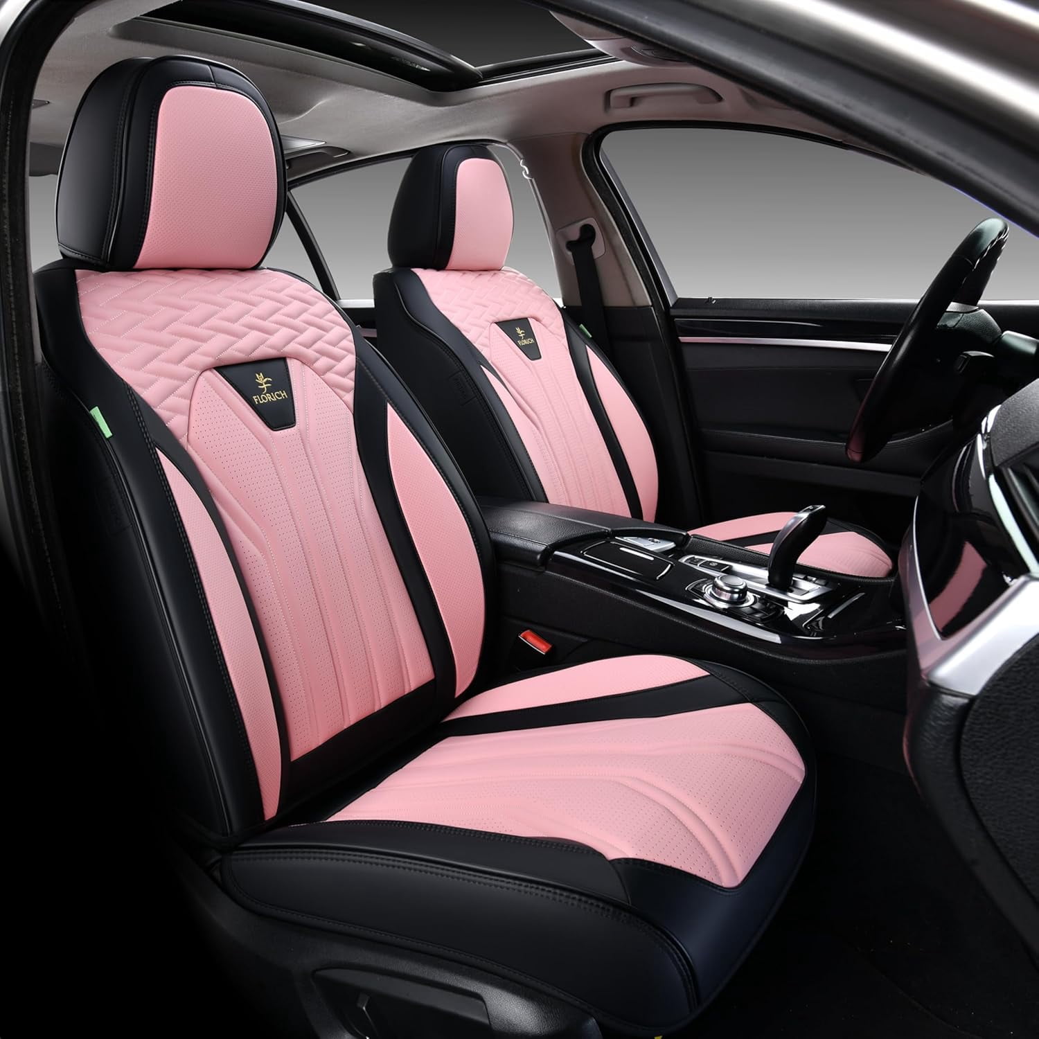 FLORICH Universal Leather Car Seat Cover Full Set, Pink Seat Covers for Cars 5 Seats, Waterproof Front and Rear Automotive Seat Cover Fit for Most Sedans SUV Pick-up Truck, Black & Pink